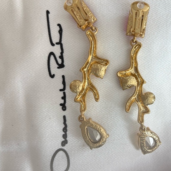 OSCAR de la RENTA Gold Pink Crystal Pearl Flora Branch Drop Earrings Branch - Picture 5 of 10
